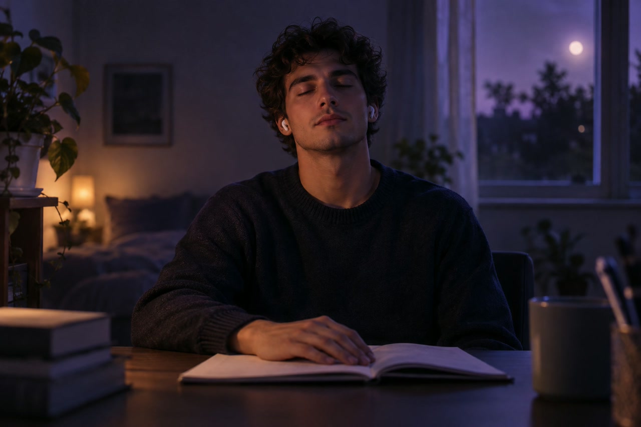 Seated at a desk, a man rests his hand on a notebook and briefly closes his eyes.