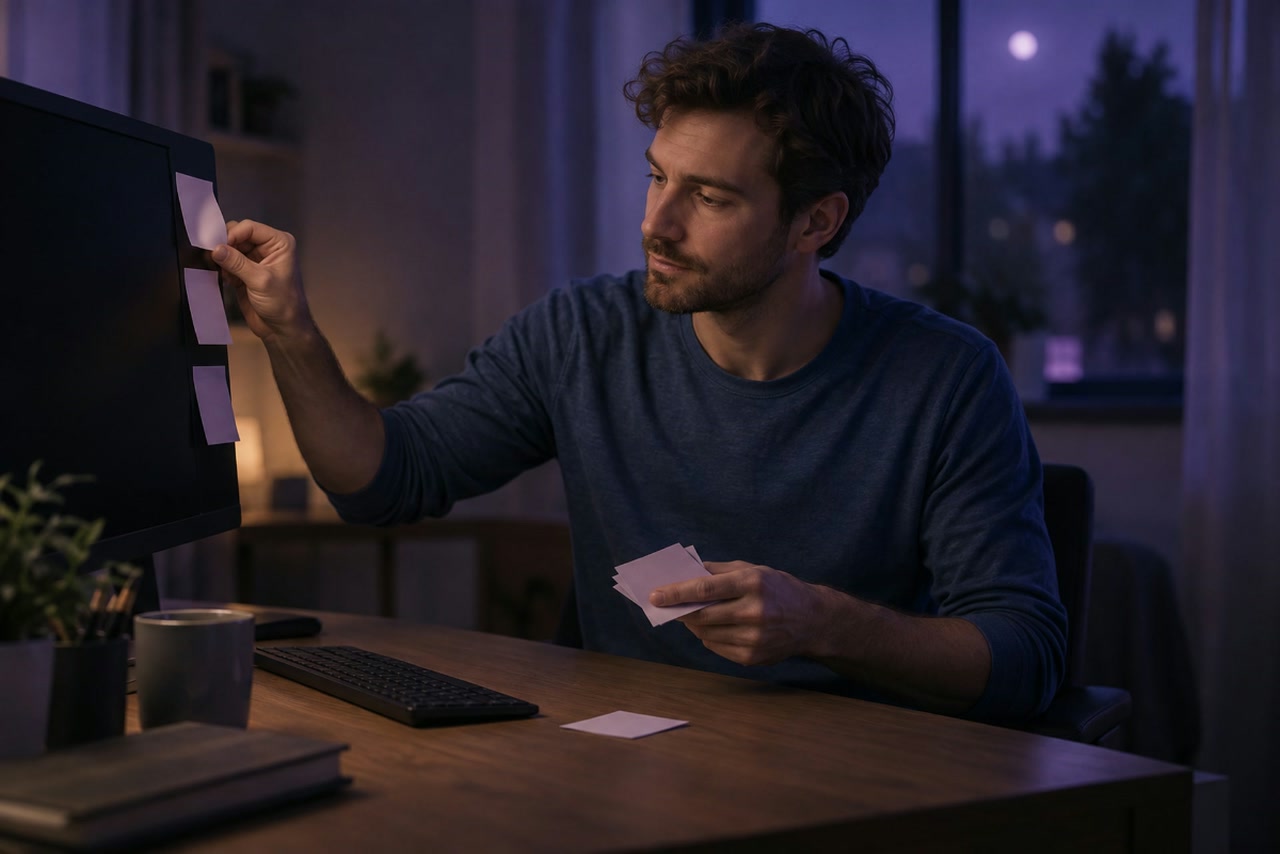 A man peels blank notes from a dark monitor while one separate note rests beside the keyboard.