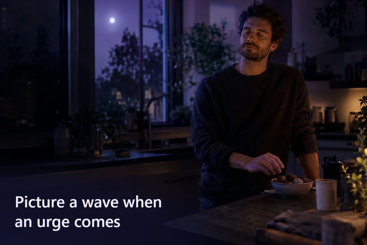 A man at a kitchen counter at night pauses with his hand above a bowl of candy, eyes closed.