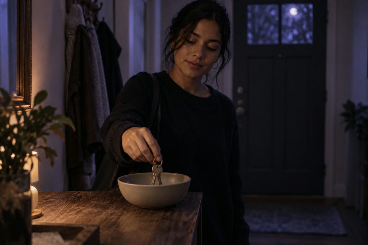 A woman lowers one set of keys into an empty ceramic bowl beside her front door.