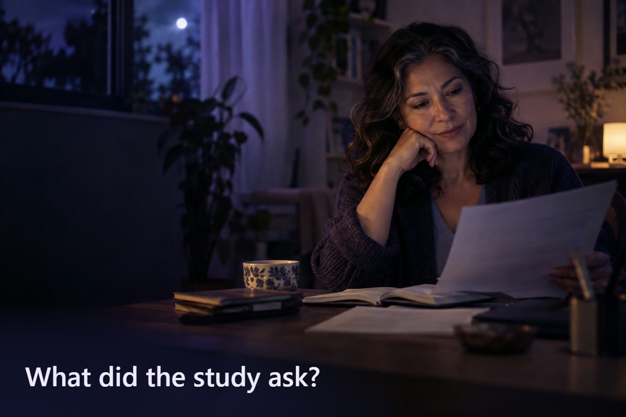A woman reads research pages beside an open notebook at a dimly lit home desk.